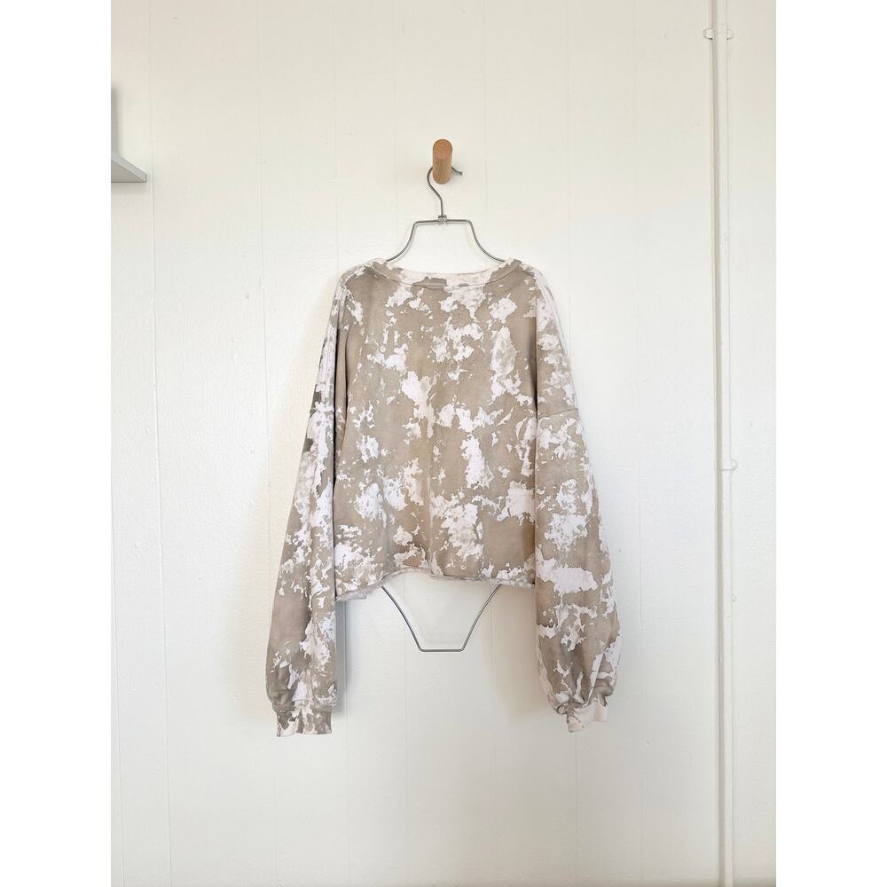 LACAUSA Bleach Tie Dye Cropped Sweatshirt Fleece Raw Hem Balloon Sleeve Large - Picture 7 of 7
